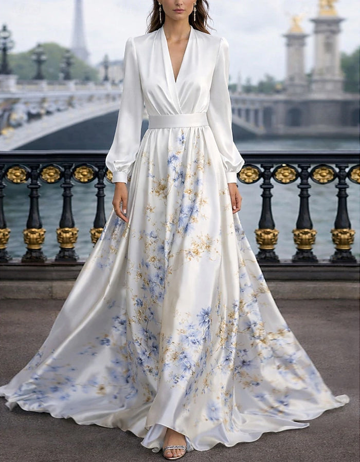 Light Blue Satin Floral Print Maxi Dress