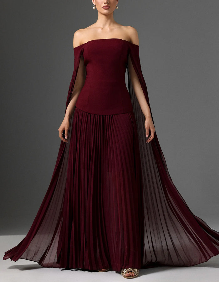 Burgundy Off Shoulder Cape With Chiffon Pleats Maxi Dress