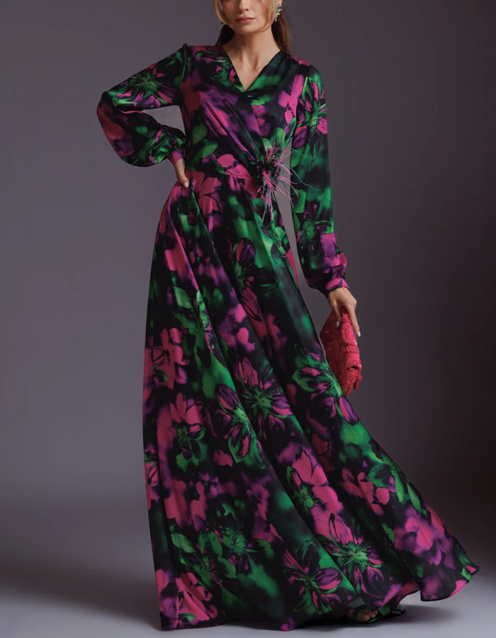 Dark Green And Rose Pink Color-blocked Printed Maxi Dress