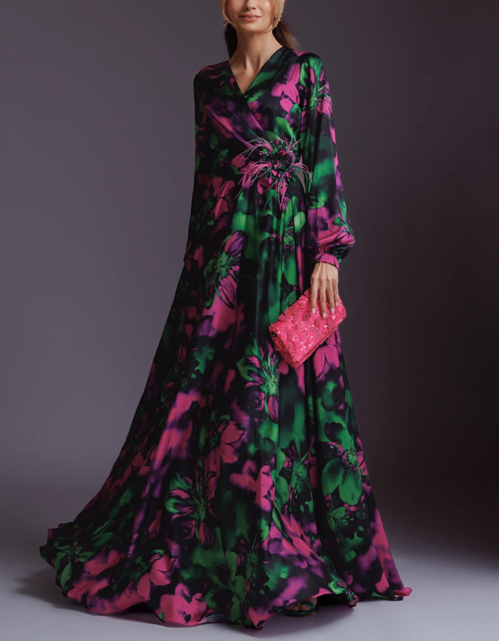 Dark Green And Rose Pink Color-blocked Printed Maxi Dress