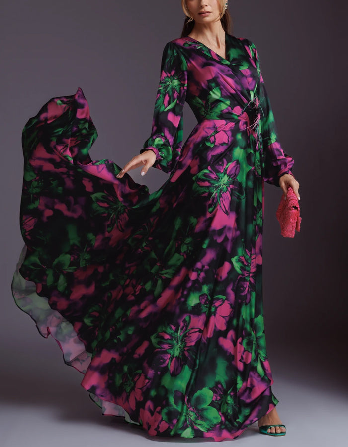 Dark Green And Rose Pink Color-blocked Printed Maxi Dress