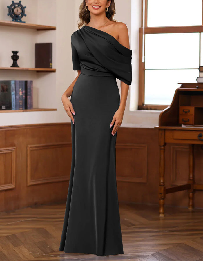Solid Color Satin One Shoulder Fishtail Maxi Dress