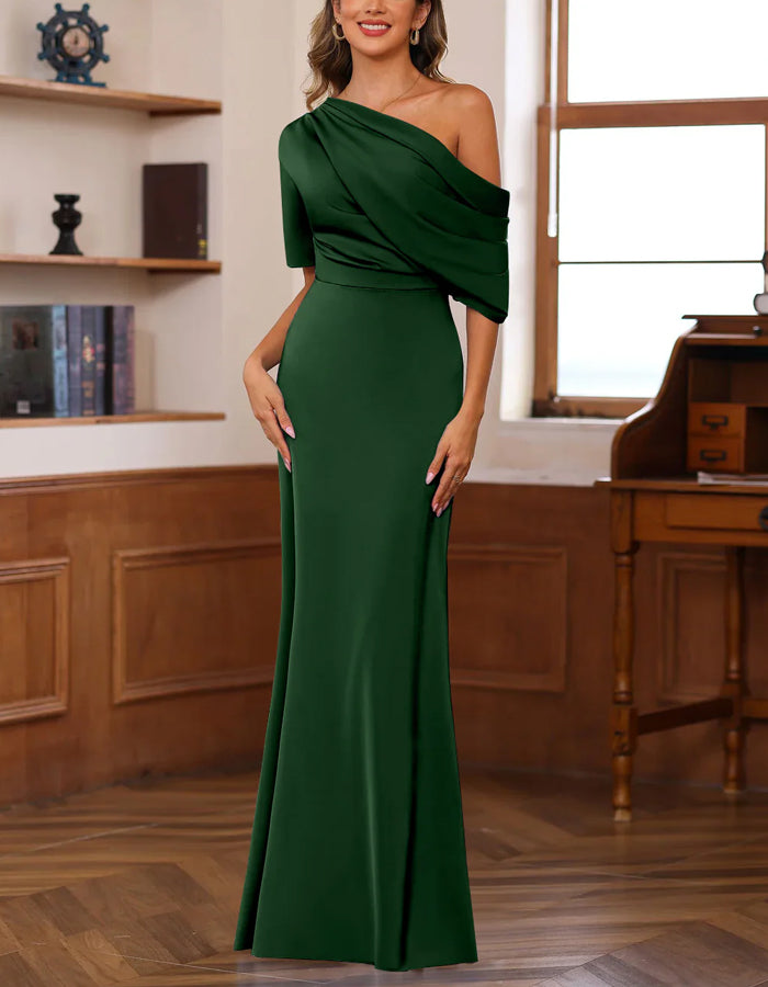 Solid Color Satin One Shoulder Fishtail Maxi Dress