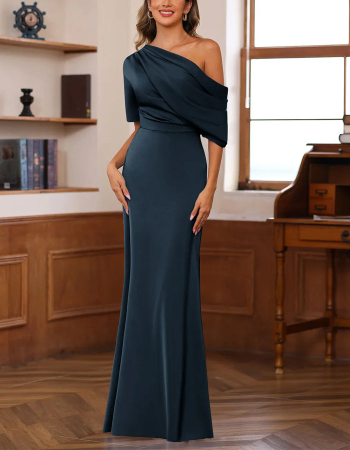 Solid Color Satin One Shoulder Fishtail Maxi Dress