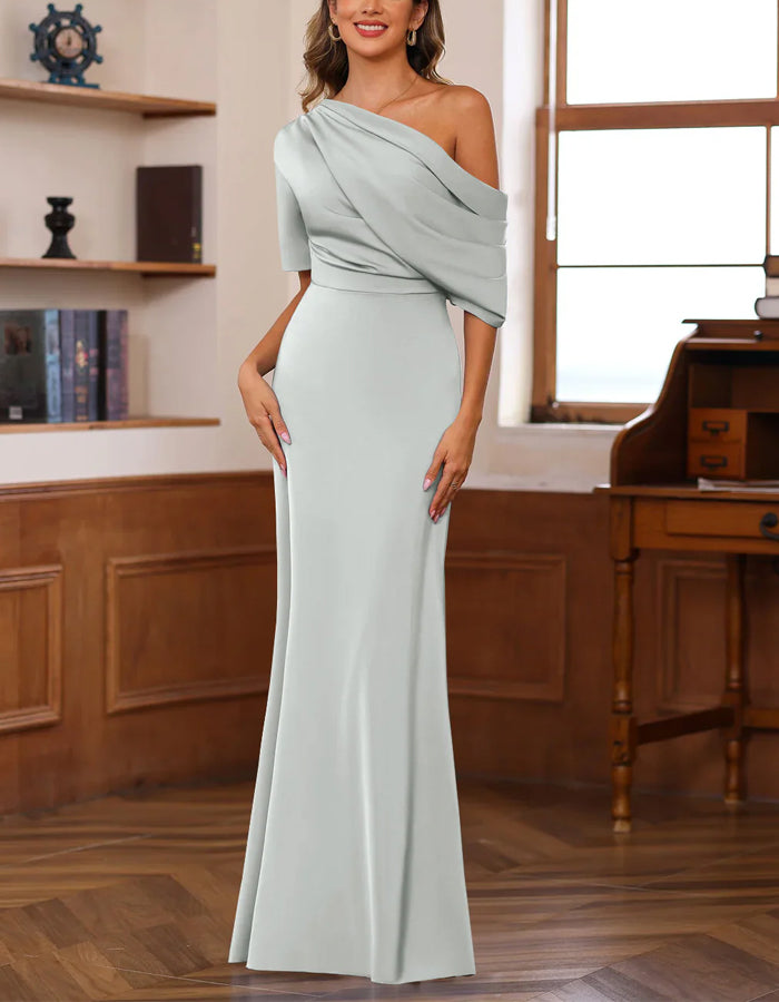 Solid Color Satin One Shoulder Fishtail Maxi Dress