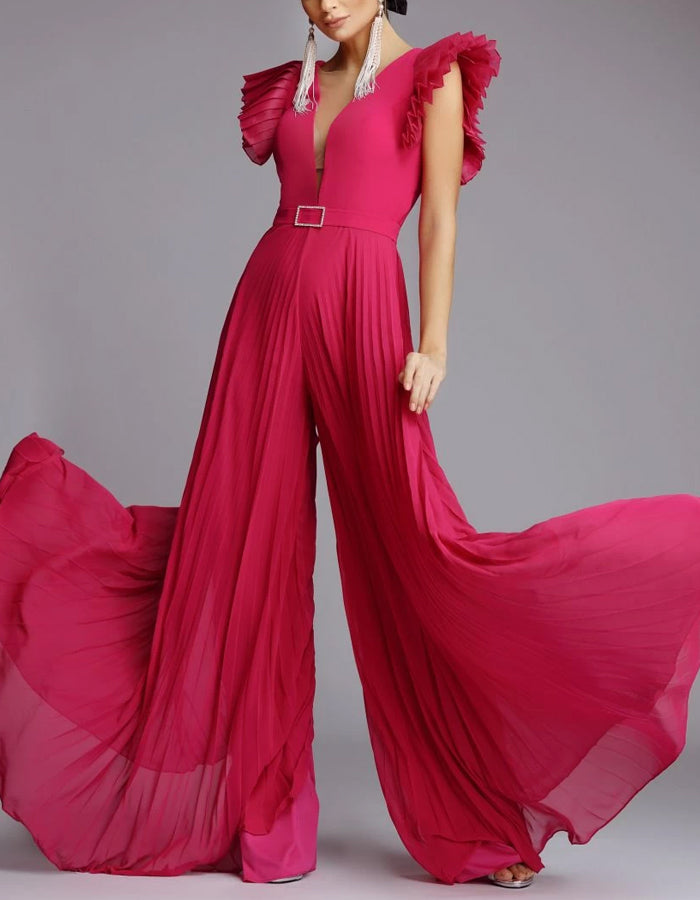 Rose Red Chiffon Ruffled Wide Leg Jumpsuit