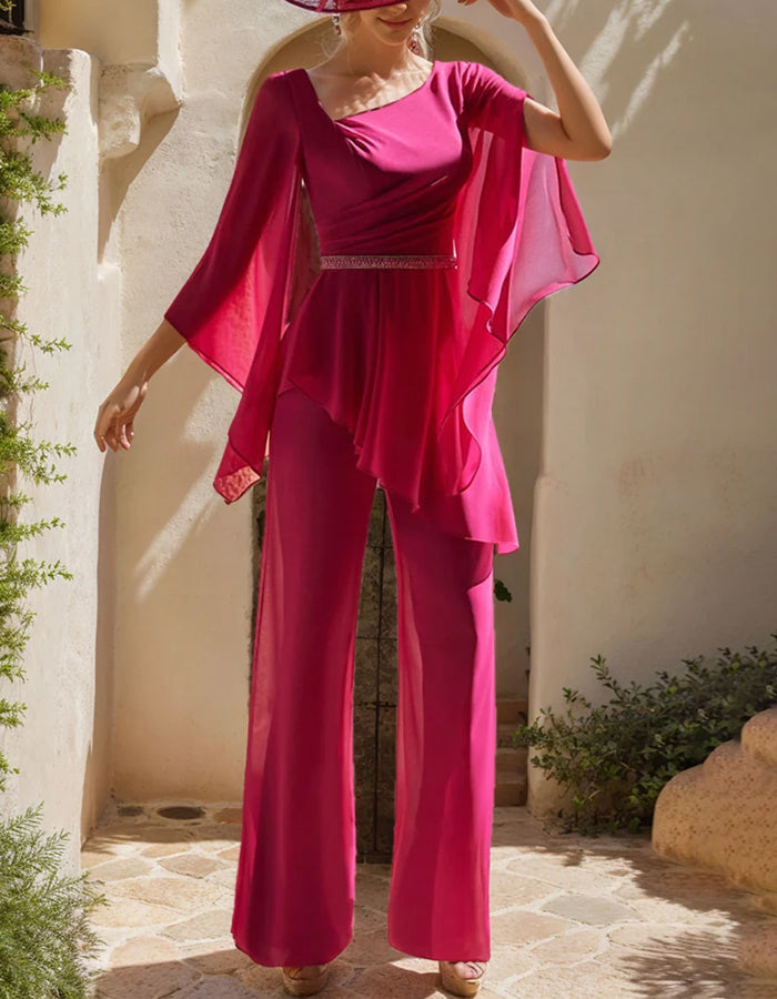 Rose Red Chiffon Shawl Wide Leg Jumpsuit