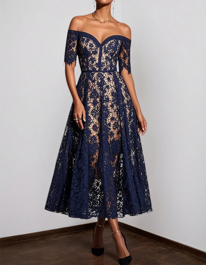 Navy Blue Lace Off-the-Shoulder Midi Dress