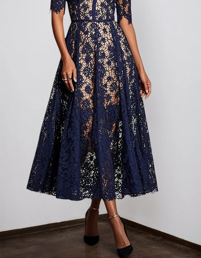 Navy Blue Lace Off-the-Shoulder Midi Dress