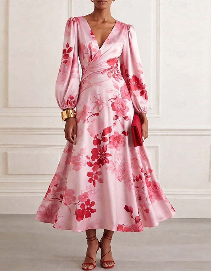Solid Color Satin Printed Lantern Sleeve Midi Dress