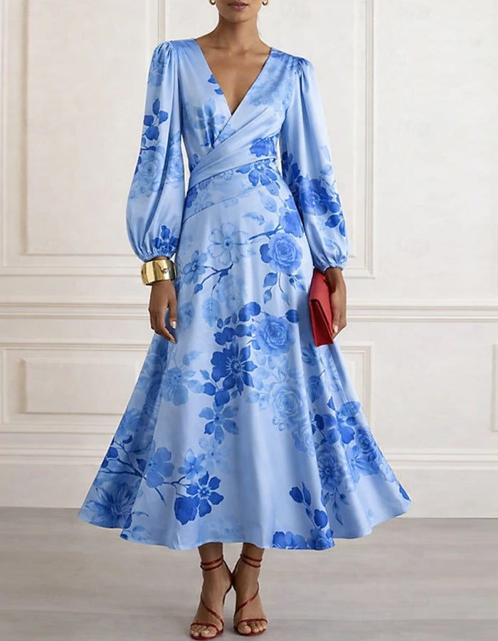 Solid Color Satin Printed Lantern Sleeve Midi Dress
