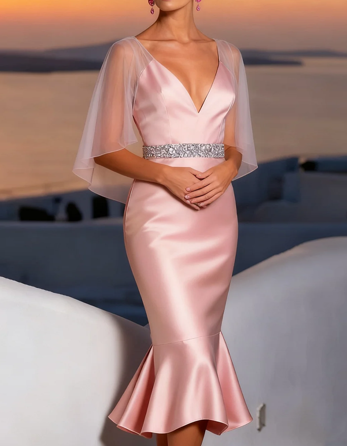 Vestido midi de sirena en satén rosa pálido