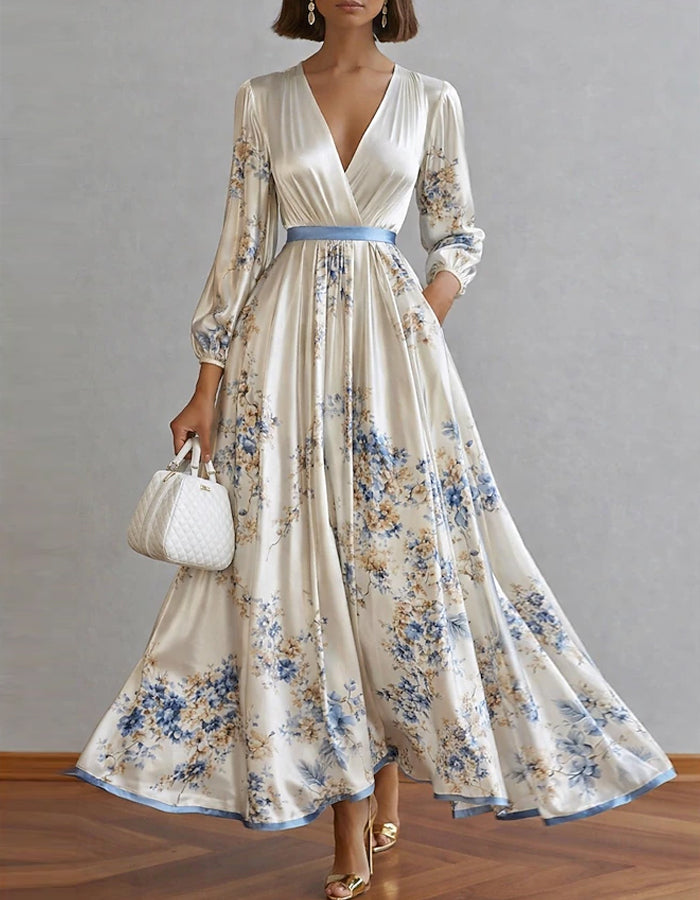 Solid Color Satin Printed Lantern Sleeve Midi Dress