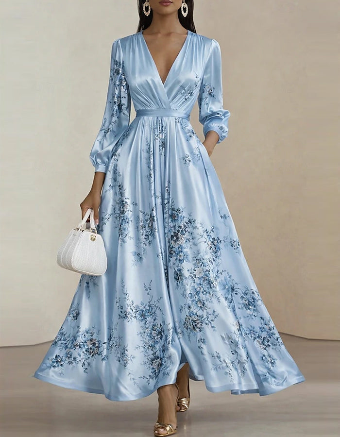 Solid Color Satin Printed Lantern Sleeve Midi Dress