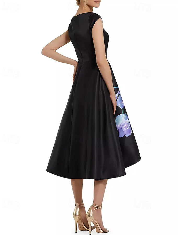 Black Satin Printed Waist Cinching Midi Dress