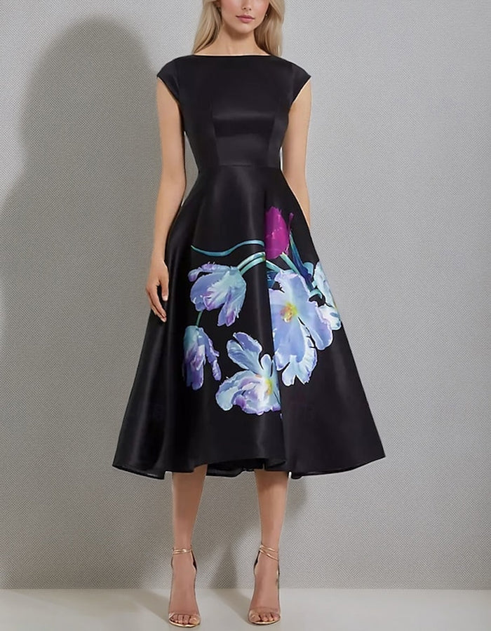Black Satin Printed Waist Cinching Midi Dress