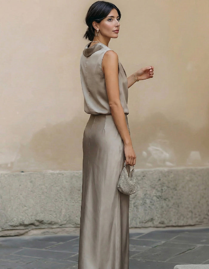 Champagne Satin Sleeveless Halter Neck  Maxi Dress