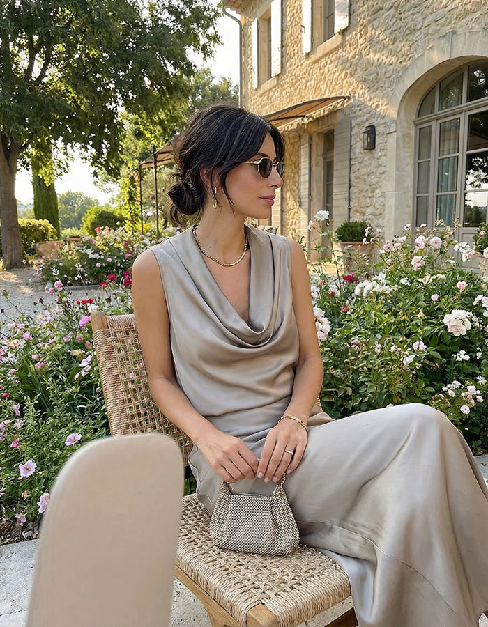 Champagne Satin Sleeveless Halter Neck  Maxi Dress