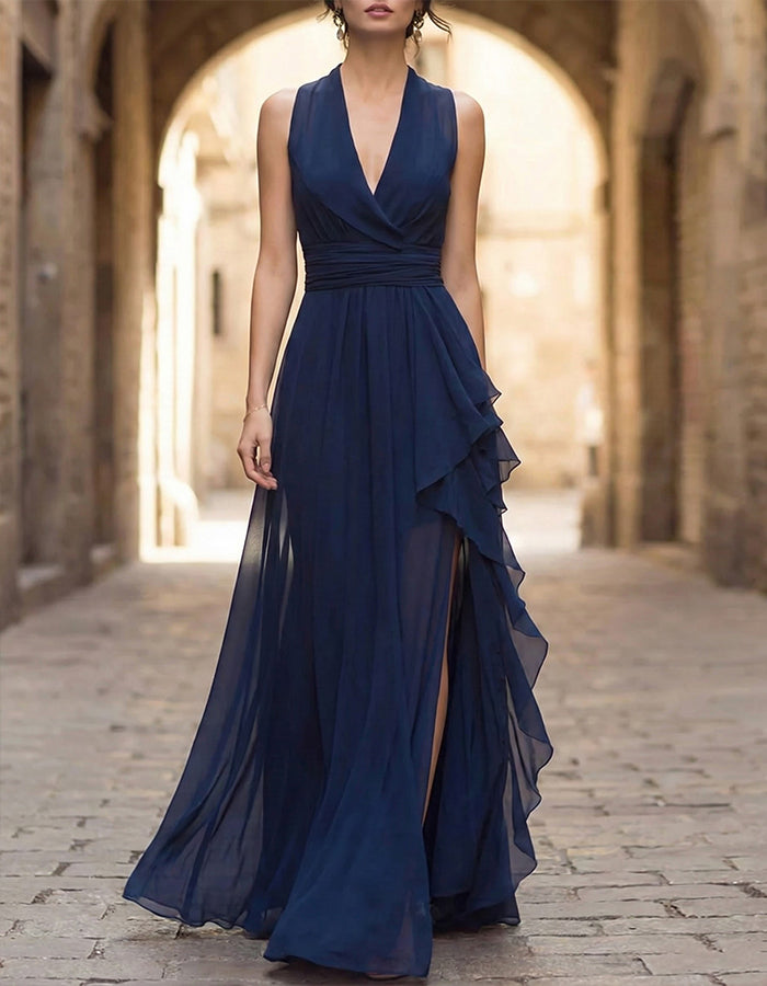Navy Blue Chiffon Deep V Layered  Maxi Dress