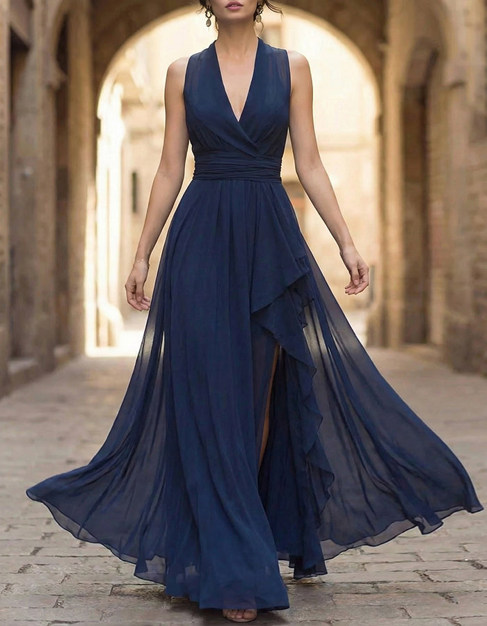 Navy Blue Chiffon Deep V Layered  Maxi Dress