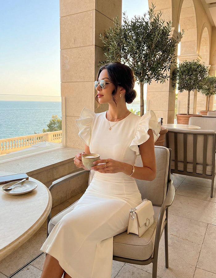 White Lotus Leaf Sleeves Fishtail Midi Dress