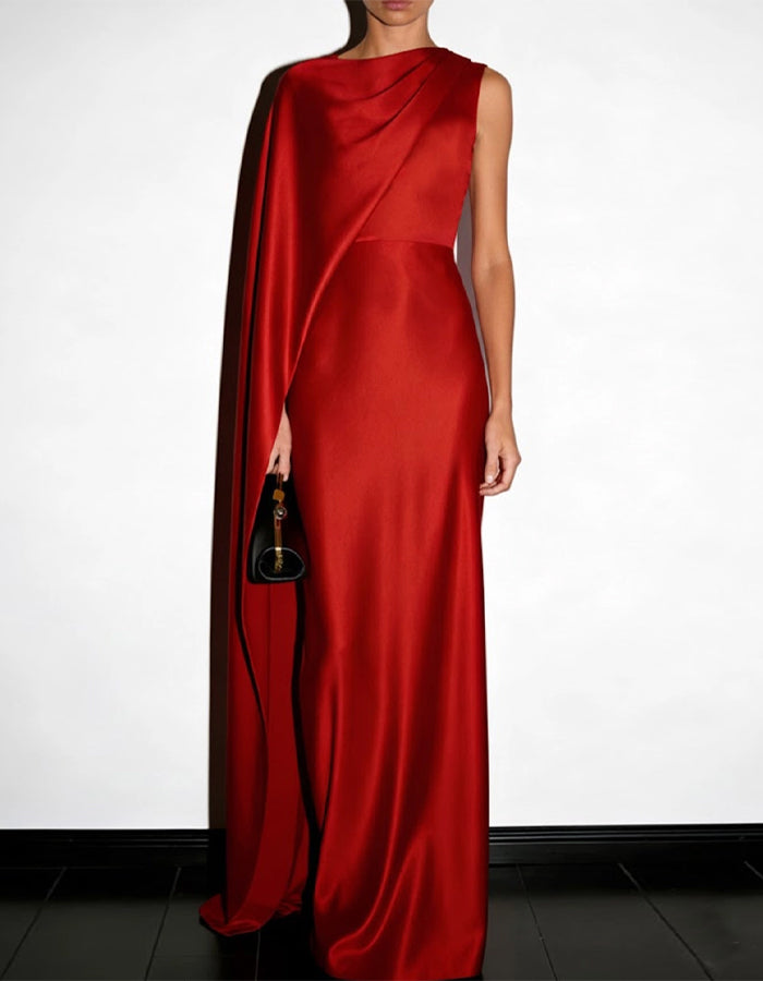 Red Satin One Shoulder Cape Maxi Dress