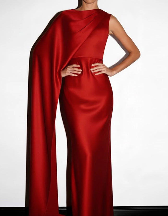 Red Satin One Shoulder Cape Maxi Dress