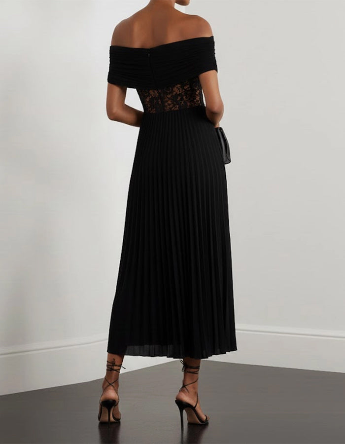 Black Off Shoulder Lace Chiffon Pleats Midi Dress