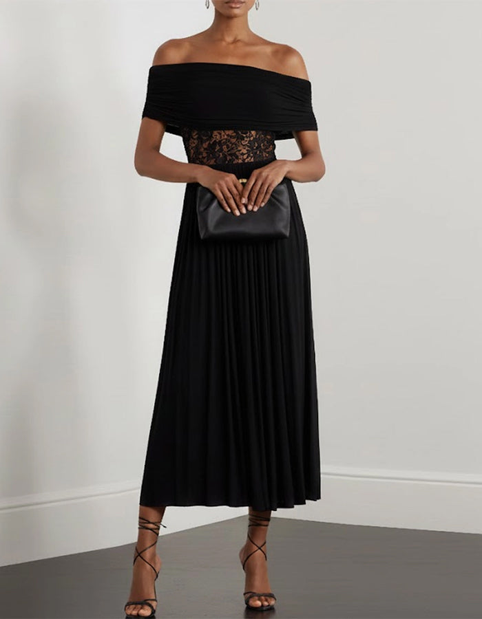 Black Off Shoulder Lace Chiffon Pleats Midi Dress