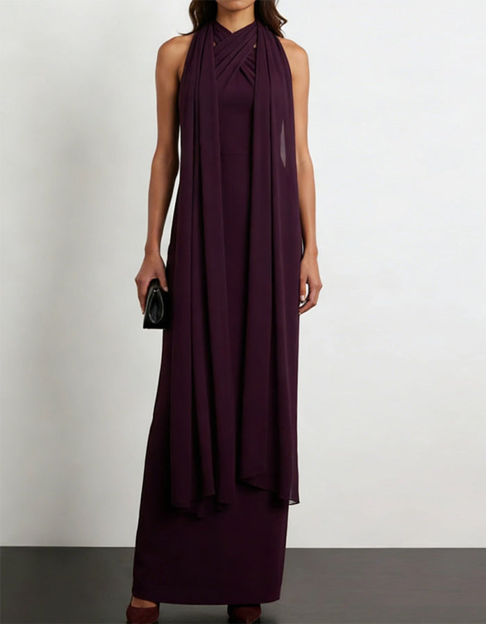 Burgundy Chiffon Halter Neck Ribbon Maxi Dress