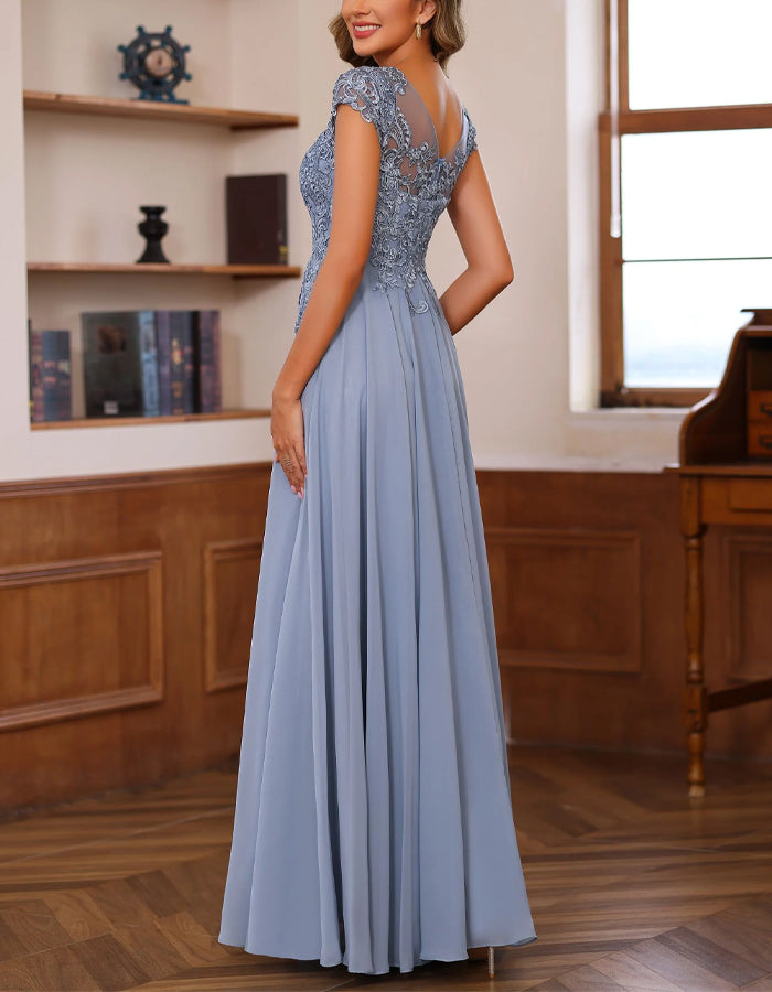 Blue Gray Chiffon Lace Patchwork Maxi Dress