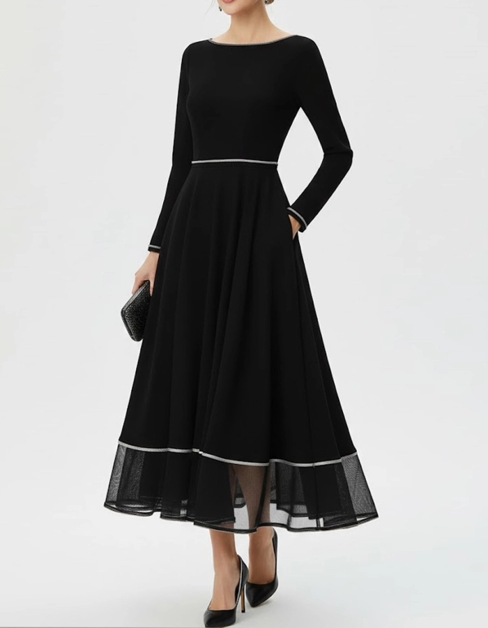 Vestido Midi Negro con Dobladillo de Tul