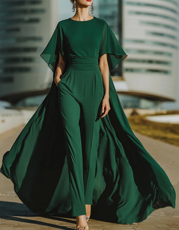 Emerald Green Chiffon Shawl Jumpsuit