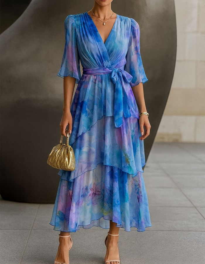 Watercolor Floral Chiffon Wrap Midi Dress