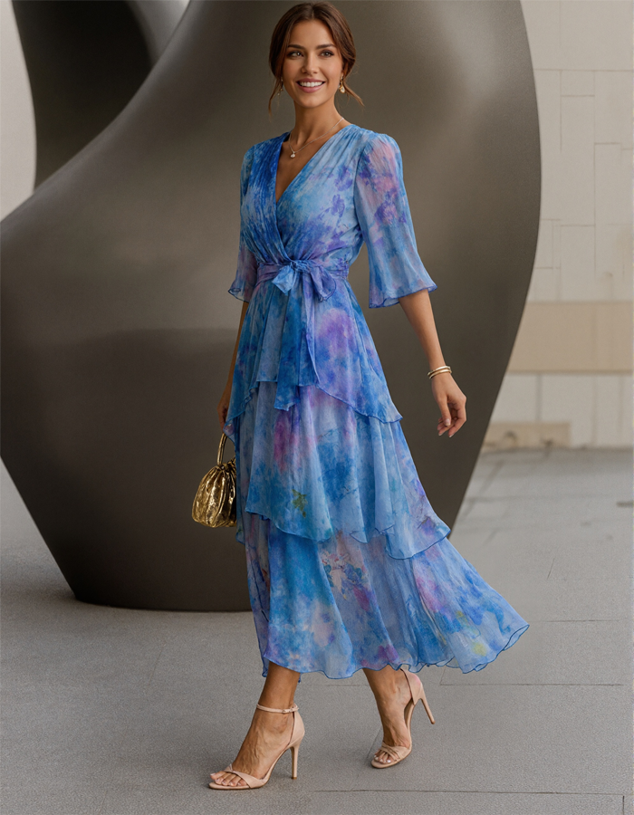 Watercolor Floral Chiffon Wrap Midi Dress