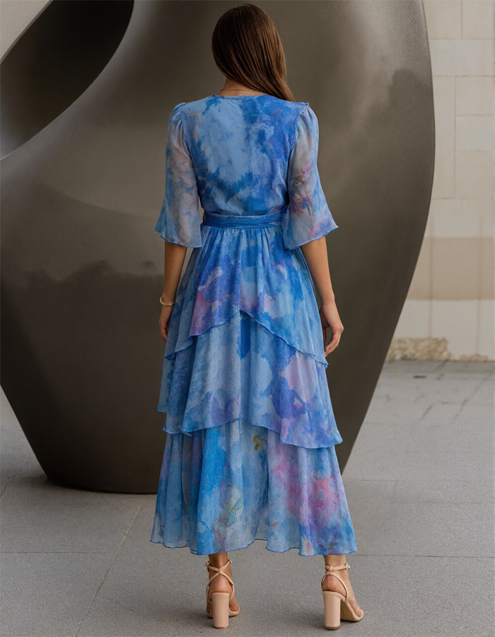 Watercolor Floral Chiffon Wrap Midi Dress