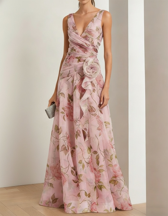 Light Pink Floral Chiffon Maxi Dress