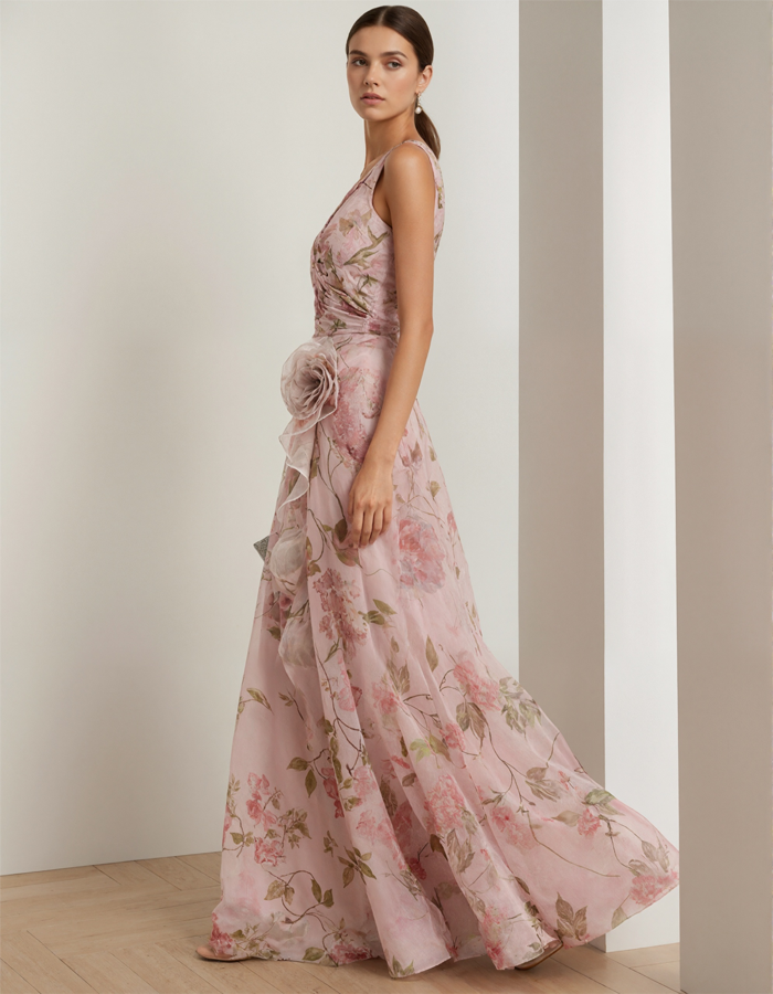 Light Pink Floral Chiffon Maxi Dress