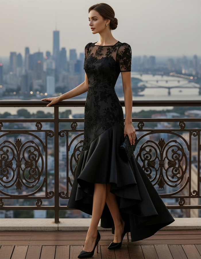 Robe longue en satin noir et dentelle à coupe haute sur la jambe