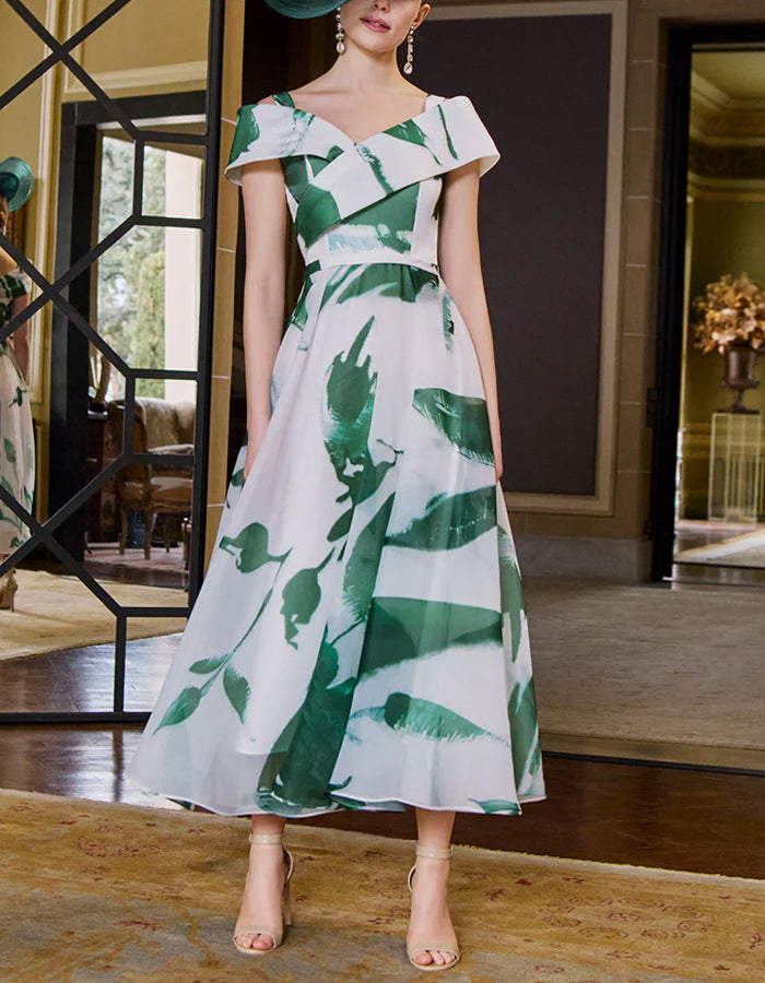 White Background With Green Flowers Midi Dress