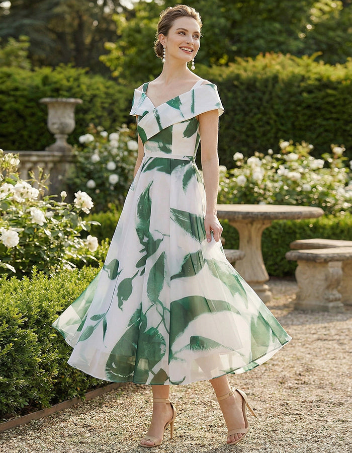 White Background With Green Flowers Midi Dress