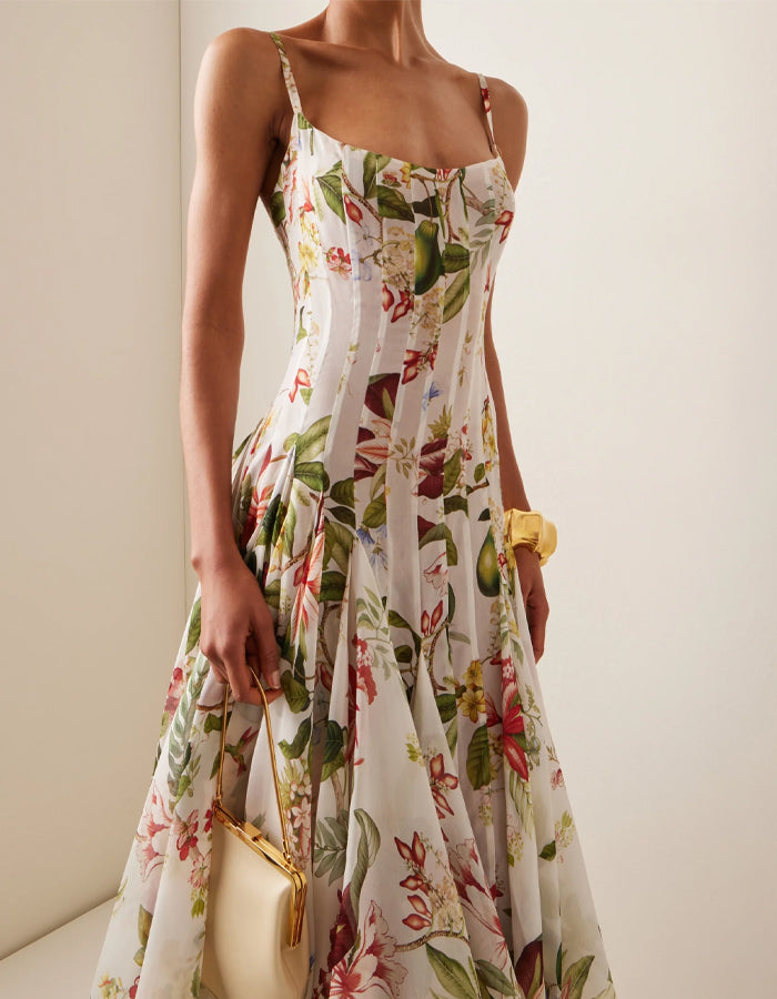 Tropical Botanical Print Chiffon Camisole Maxi Dress