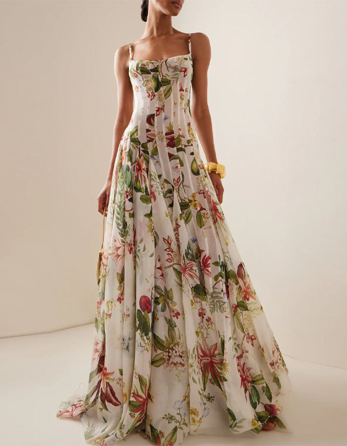 Tropical Botanical Print Chiffon Camisole Maxi Dress