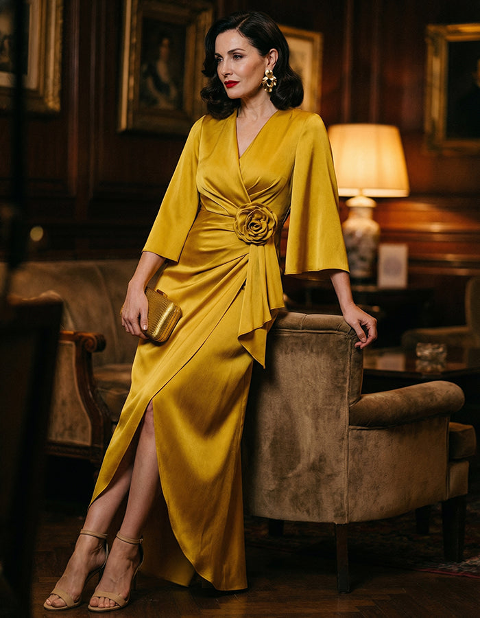 Yellow Satin 3D Floral Wrap Maxi Dress