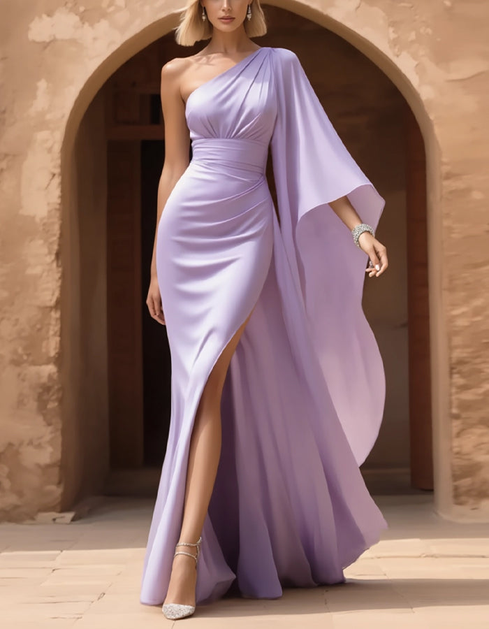 Light Purple Satin One Shoulder Flowing Sleeve With High Slit Maxi Dress