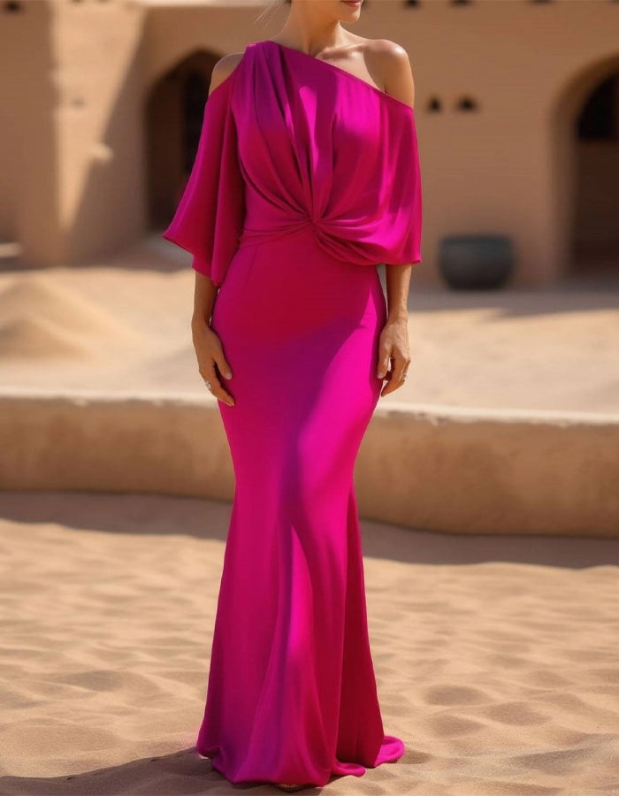 Rose Red Satin One-Shoulder Twisted Fishtail Maxi Dress