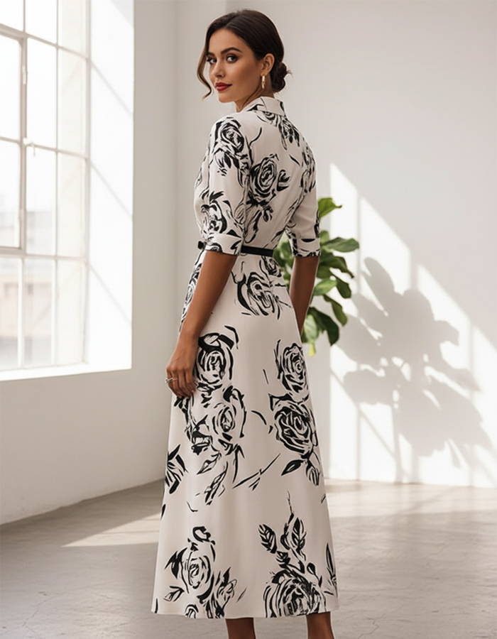 White Ink Rose Midi Dress