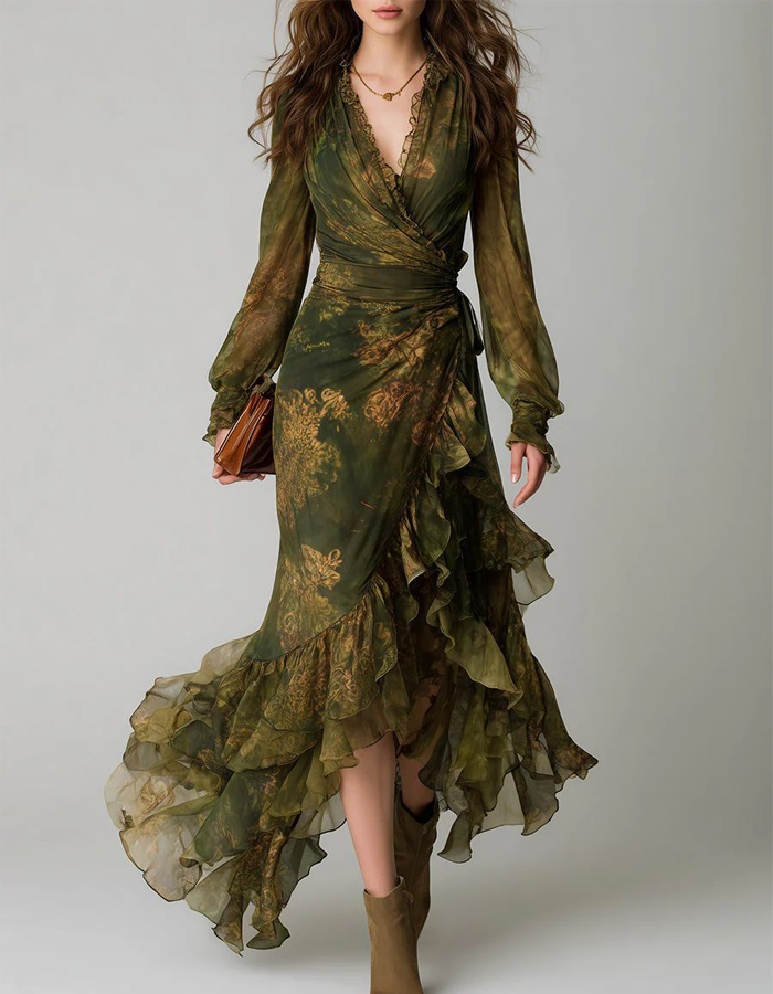 Olive Green Vintage Ruffle Dress Maxi Dress