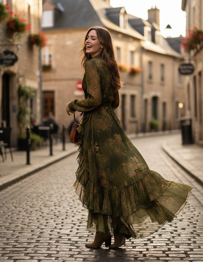Olive Green Vintage Ruffle Dress Maxi Dress