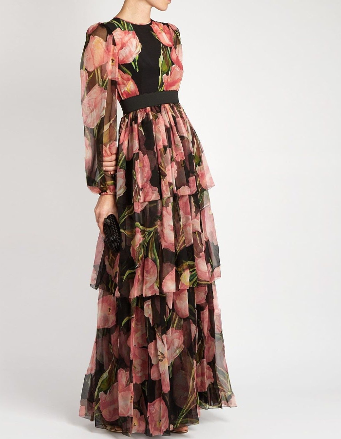 Vestido largo floral negro y rosa